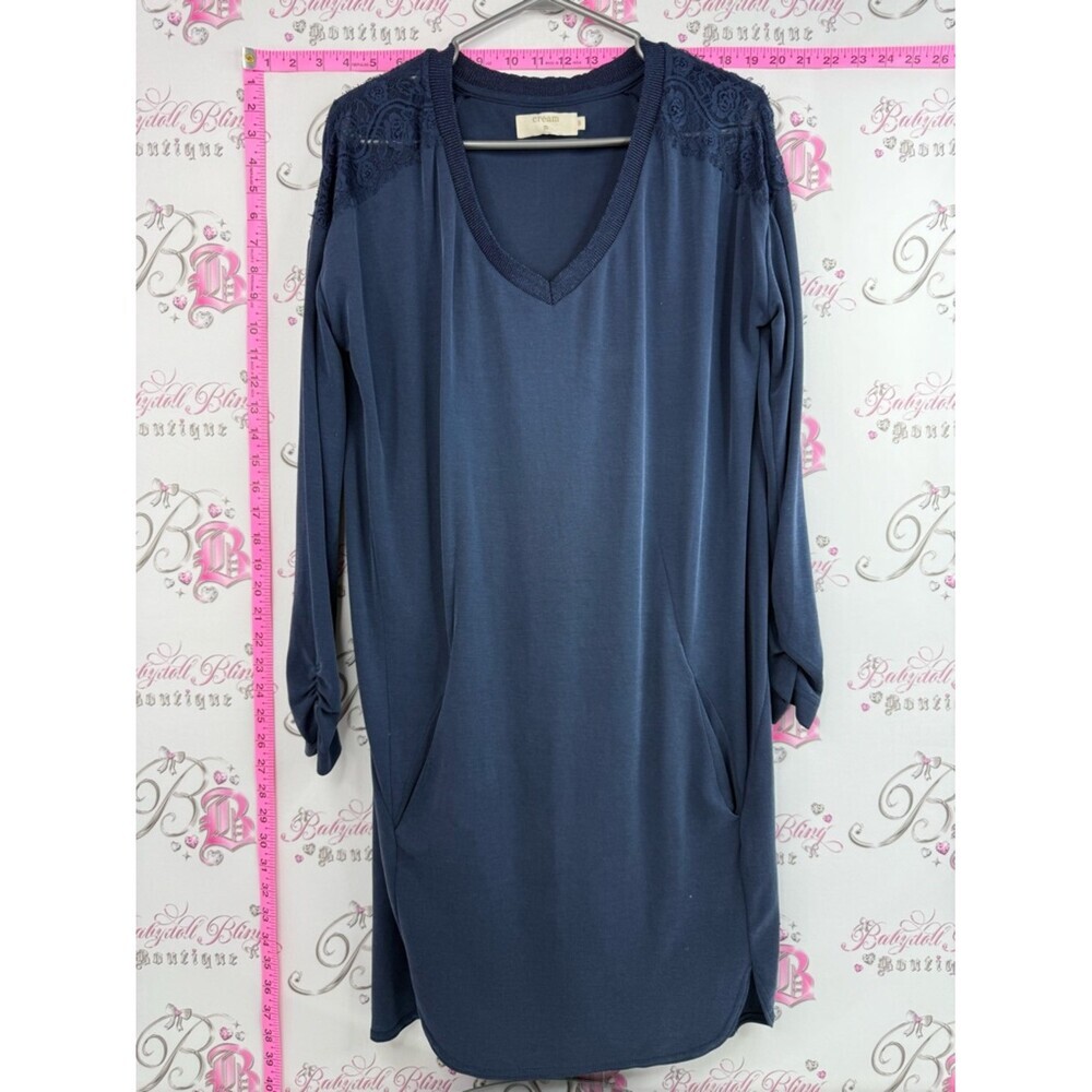 Cream mini dress or long top V Neck Navy Tunic with Lace Shoulder Accents Lacie